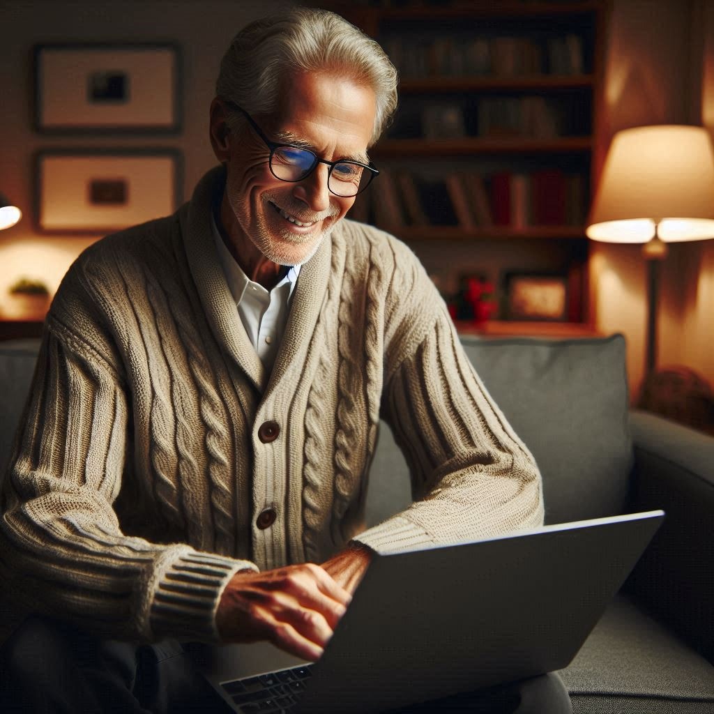 An older man smiling while using his laptop at home